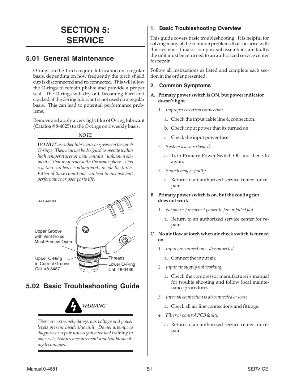 Section 5: service, 01 general maintenance, 02 basic troubleshooting guide | Section 5, Service -1 | Tweco FP-35A User Manual | Page 17 / 27