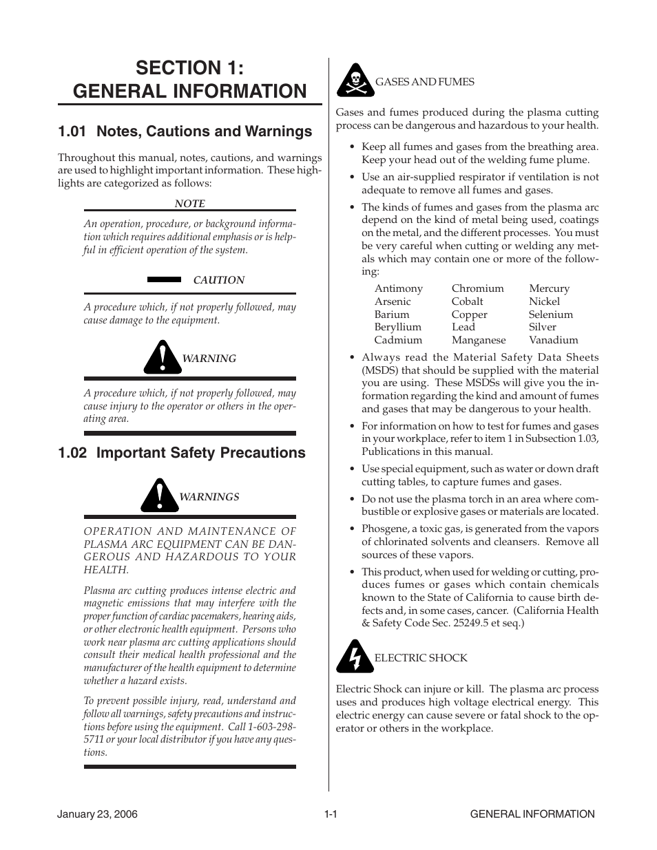 Section 1: general information, 01 notes, cautions and warnings, 02 important safety precautions | Section 1, General information -1 | Tweco FP-35A User Manual | Page 5 / 27