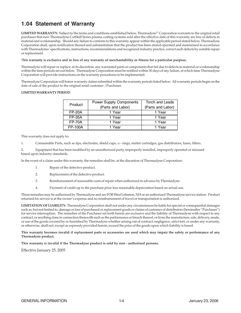 04 statement of warranty, 04 statement of warranty -4 | Tweco FP-35A User Manual | Page 8 / 27