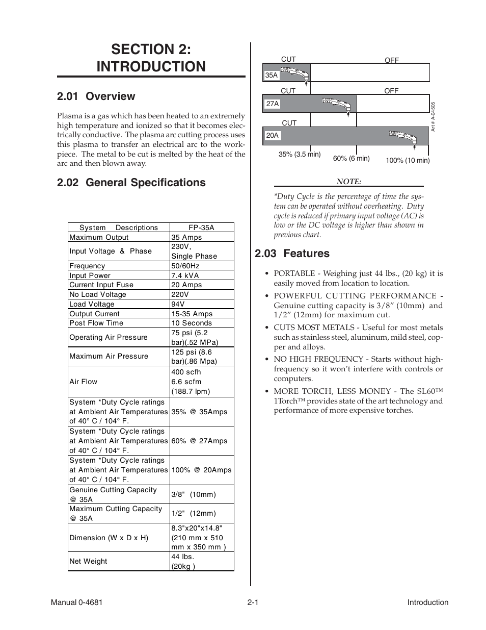 Section 2: introduction, 01 overview, 02 general specifications | 03 features, Section 2, Introduction -1 | Tweco FP-35A User Manual | Page 9 / 27