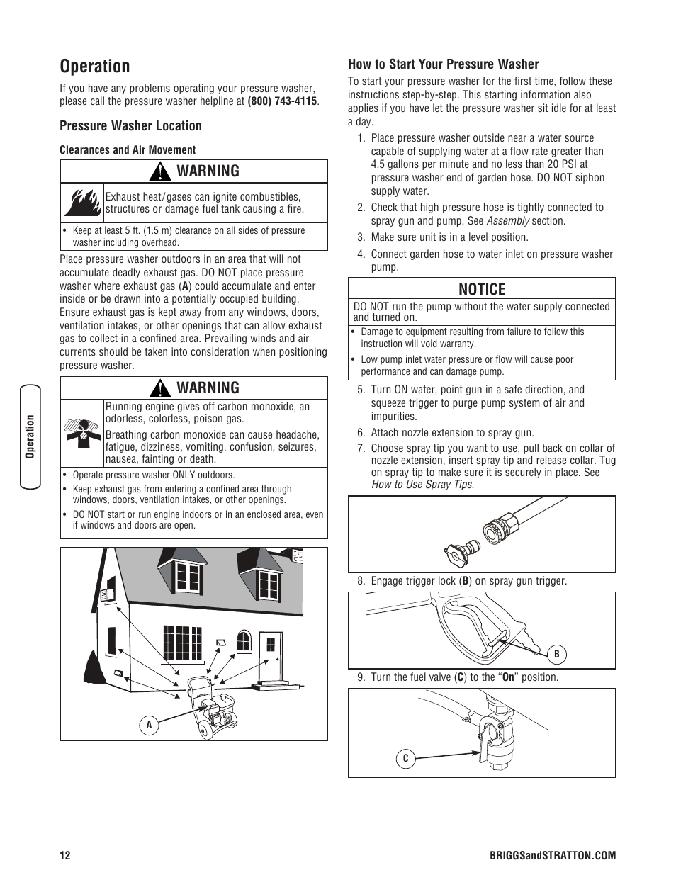 Operation, Notice, Warning | Briggs & Stratton Pressure Washer User Manual | Page 12 / 60