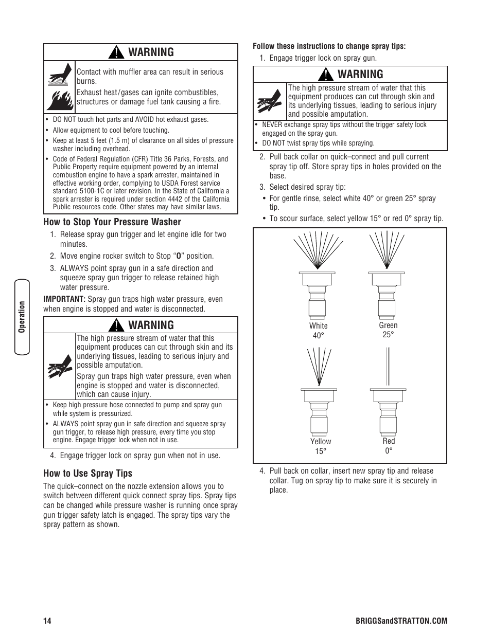 Warning | Briggs & Stratton Pressure Washer User Manual | Page 14 / 60