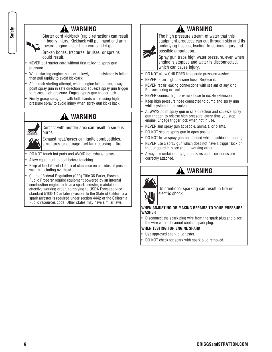 Warning | Briggs & Stratton Pressure Washer User Manual | Page 6 / 60