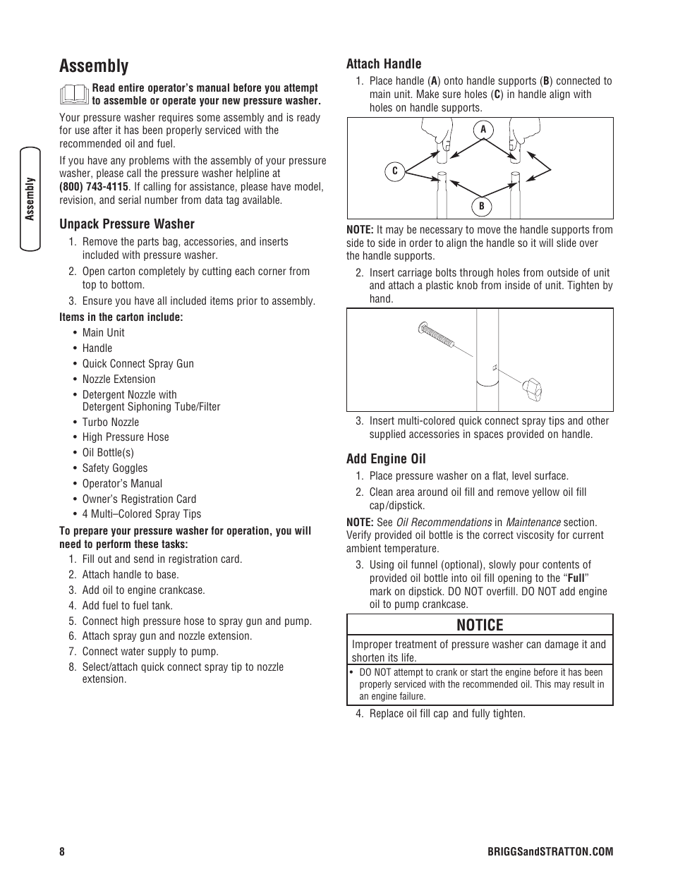 Assembly, Notice | Briggs & Stratton Pressure Washer User Manual | Page 8 / 60