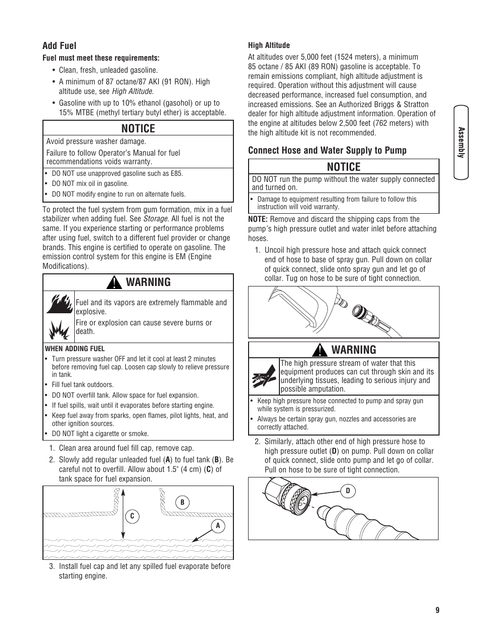 Add fuel connect hose and water supply to pump, Notice, Warning | Briggs & Stratton Pressure Washer User Manual | Page 9 / 60
