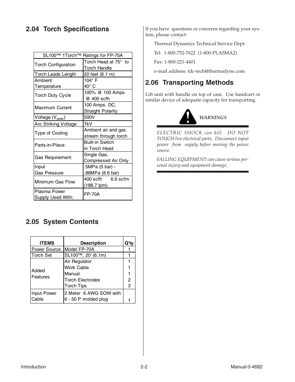 04 torch specifications, 05 system contents, 06 transporting methods | Tweco FP-70A User Manual | Page 10 / 27