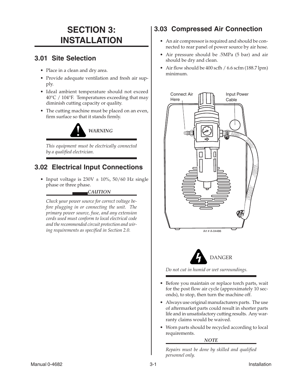 Section 3: installation, 01 site selection, 02 electrical input connections | 03 compressed air connection, Section 3, Installation -1 | Tweco FP-70A User Manual | Page 11 / 27