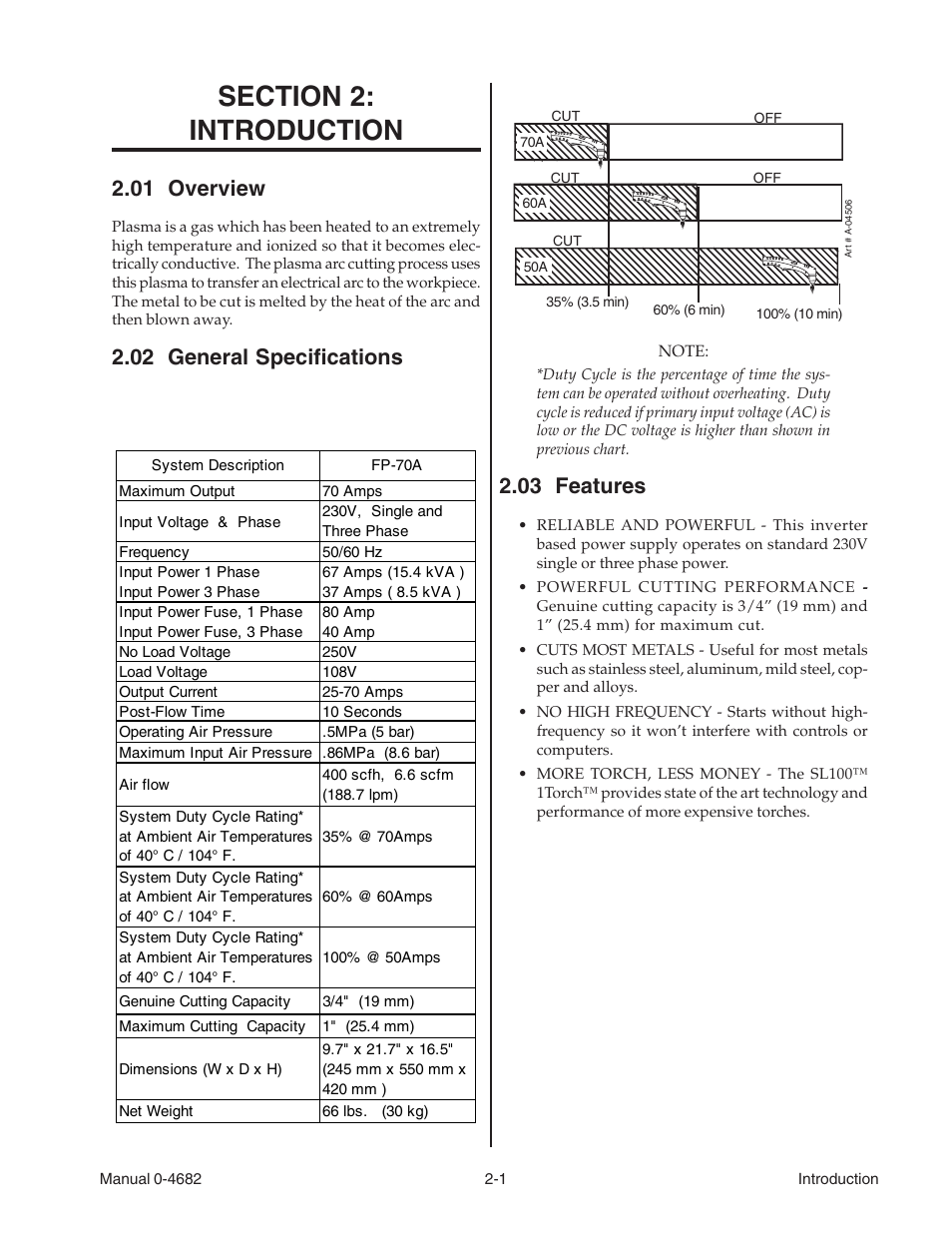 Section 2: introduction, 01 overview, 02 general specifications | 03 features, Section 2, Introduction -1 | Tweco FP-70A User Manual | Page 9 / 27