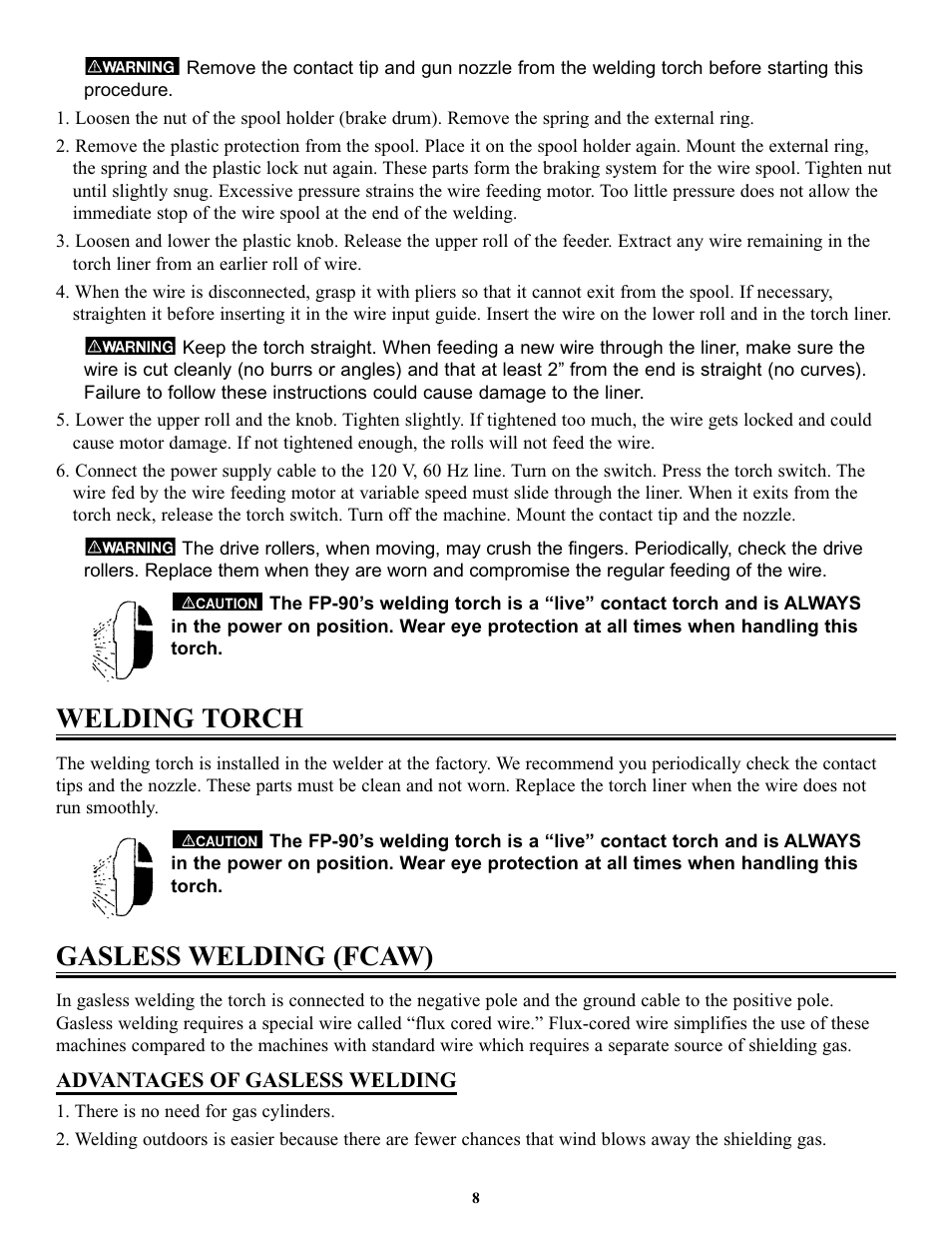 Welding torch, Gasless welding (fcaw) | Tweco FP-90 User Manual | Page 12 / 32