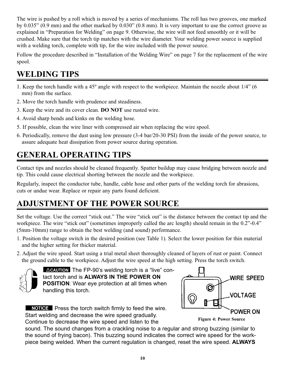 Welding tips, General operating tips, Adjustment of the power source | Tweco FP-90 User Manual | Page 14 / 32