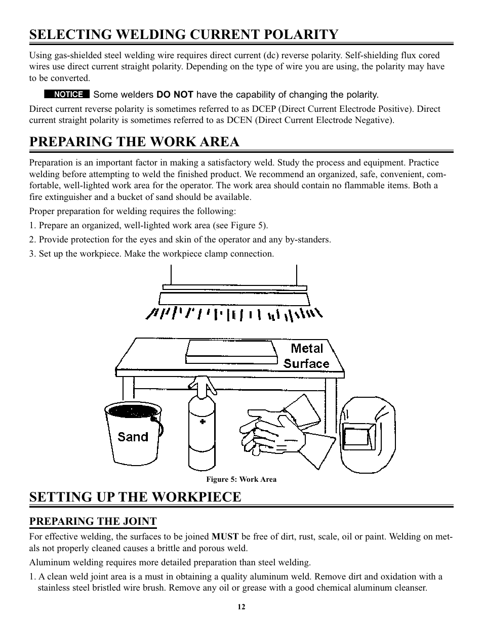 Selecting welding current polarity, Preparing the work area, Setting up the workpiece | Tweco FP-90 User Manual | Page 16 / 32