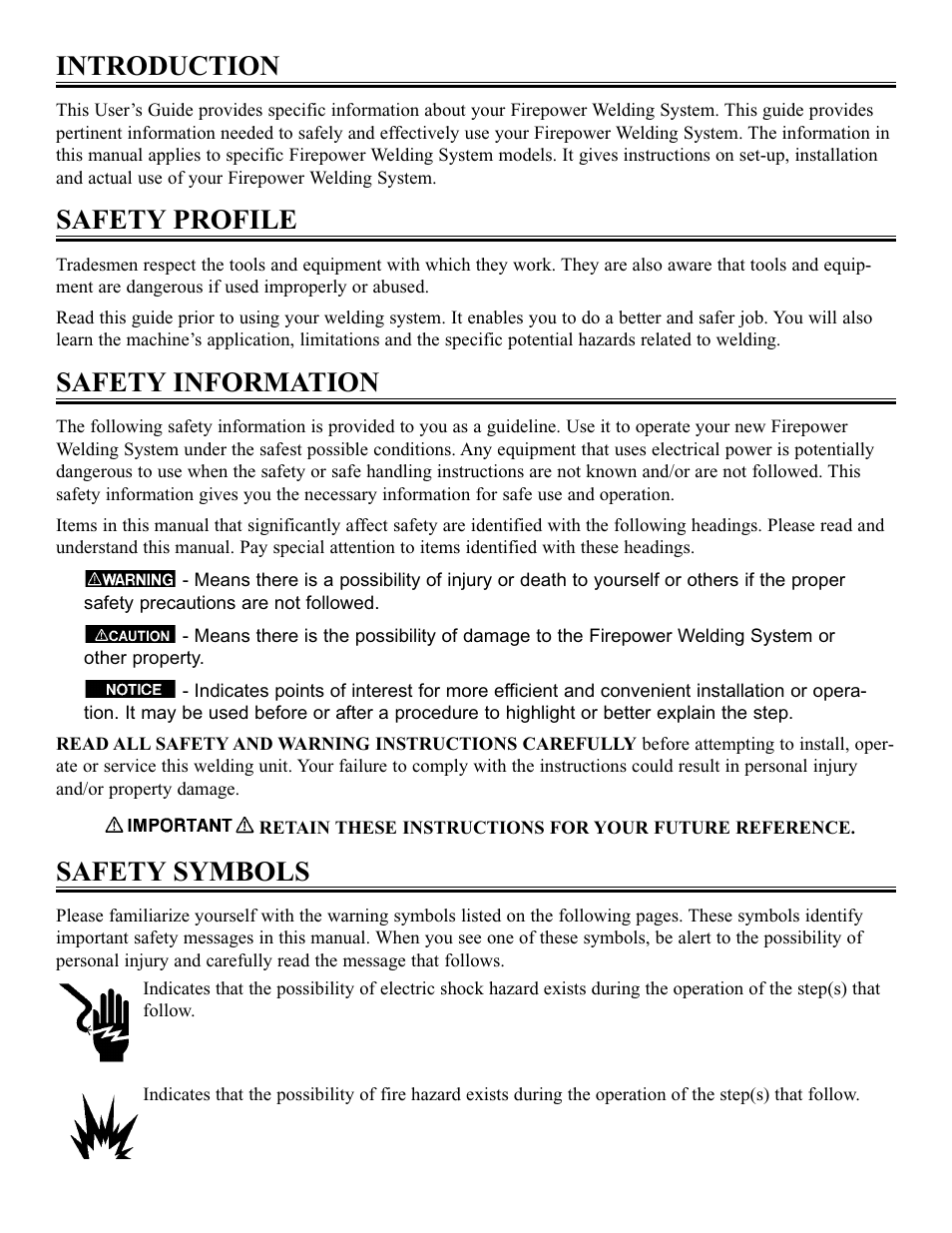 Introduction, Safety profile, Safety information | Safety symbols | Tweco FP-90 User Manual | Page 5 / 32