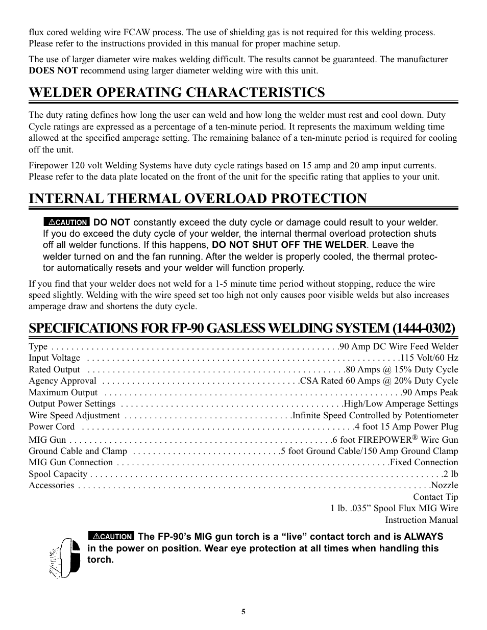 Welder operating characteristics, Internal thermal overload protection | Tweco FP-90 User Manual | Page 9 / 32