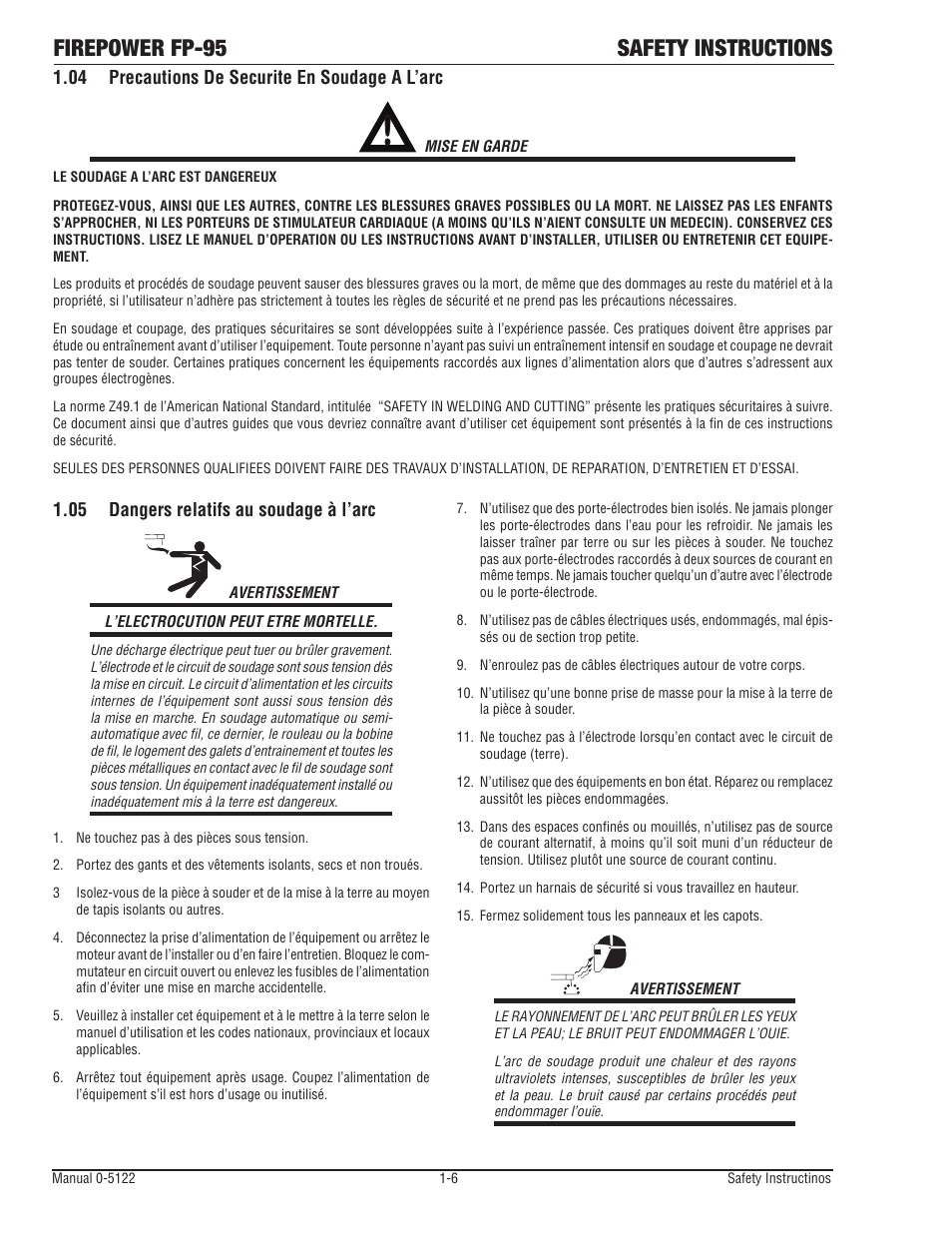 04 precautions de securite en soudage a l’arc, 05 dangers relatifs au soudage à l’arc, Precautions de securite en soudage a l’arc -6 | Dangers relatifs au soudage à l’arc -6, Firepower fp-95 safety instructions | Tweco FP-95 Mini MIG User Manual | Page 12 / 46