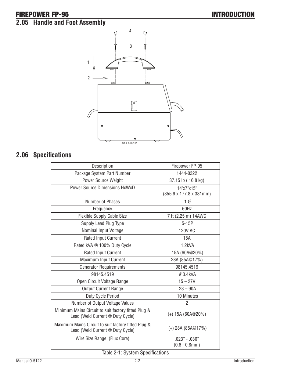 05 handle and foot assembly, 06 specifications, Handle and foot assembly -2 | Specifications -2, Firepower fp-95 introduction | Tweco FP-95 Mini MIG User Manual | Page 18 / 46