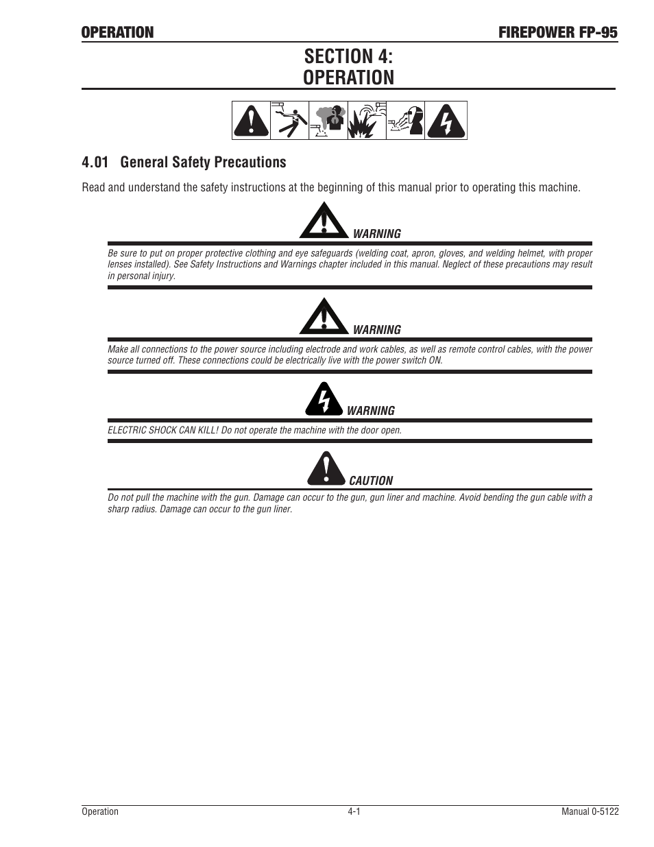 Section 4:operation, 01 general safety precautions, Section 4:operation -1 | General safety precautions -1, Operation firepower fp-95 | Tweco FP-95 Mini MIG User Manual | Page 27 / 46