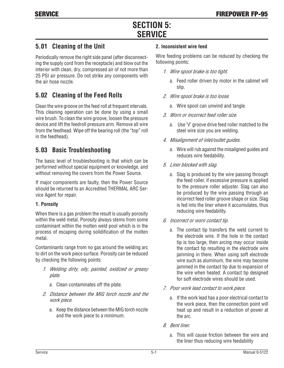 Section 5:service, 01 cleaning of the unit, 02 cleaning of the feed rolls | 03 basic troubleshooting, Section 5:service -1, Cleaning of the unit -1, Cleaning of the feed rolls -1, Basic troubleshooting -1, Service firepower fp-95 | Tweco FP-95 Mini MIG User Manual | Page 35 / 46