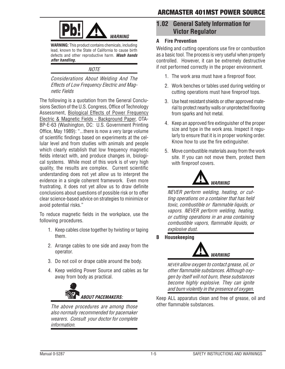 02 general safety information for victor regulator, General safety information for victor regulator -5, Arcmaster 401mst power source | Tweco ArcMaster 401MST User Manual | Page 11 / 84