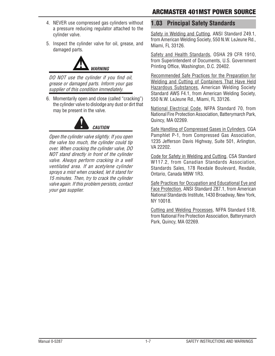 03 principal safety standards, Principal safety standards -7, Arcmaster 401mst power source | Tweco ArcMaster 401MST User Manual | Page 13 / 84