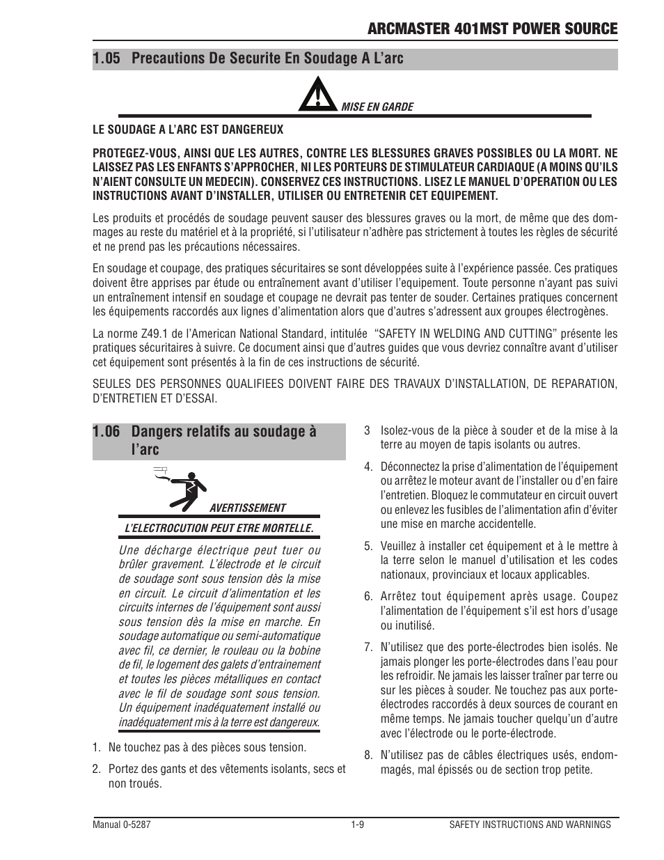 05 precautions de securite en soudage a l’arc, 06 dangers relatifs au soudage à l’arc, Precautions de securite en soudage a l’arc -9 | Dangers relatifs au soudage à l’arc -9, Arcmaster 401mst power source | Tweco ArcMaster 401MST User Manual | Page 15 / 84