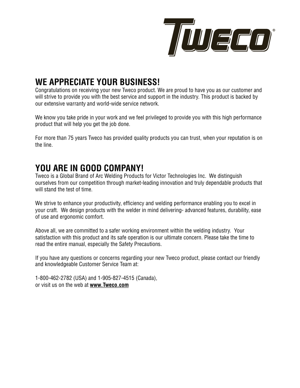 We appreciate your business, You are in good company | Tweco ArcMaster 401MST User Manual | Page 2 / 84