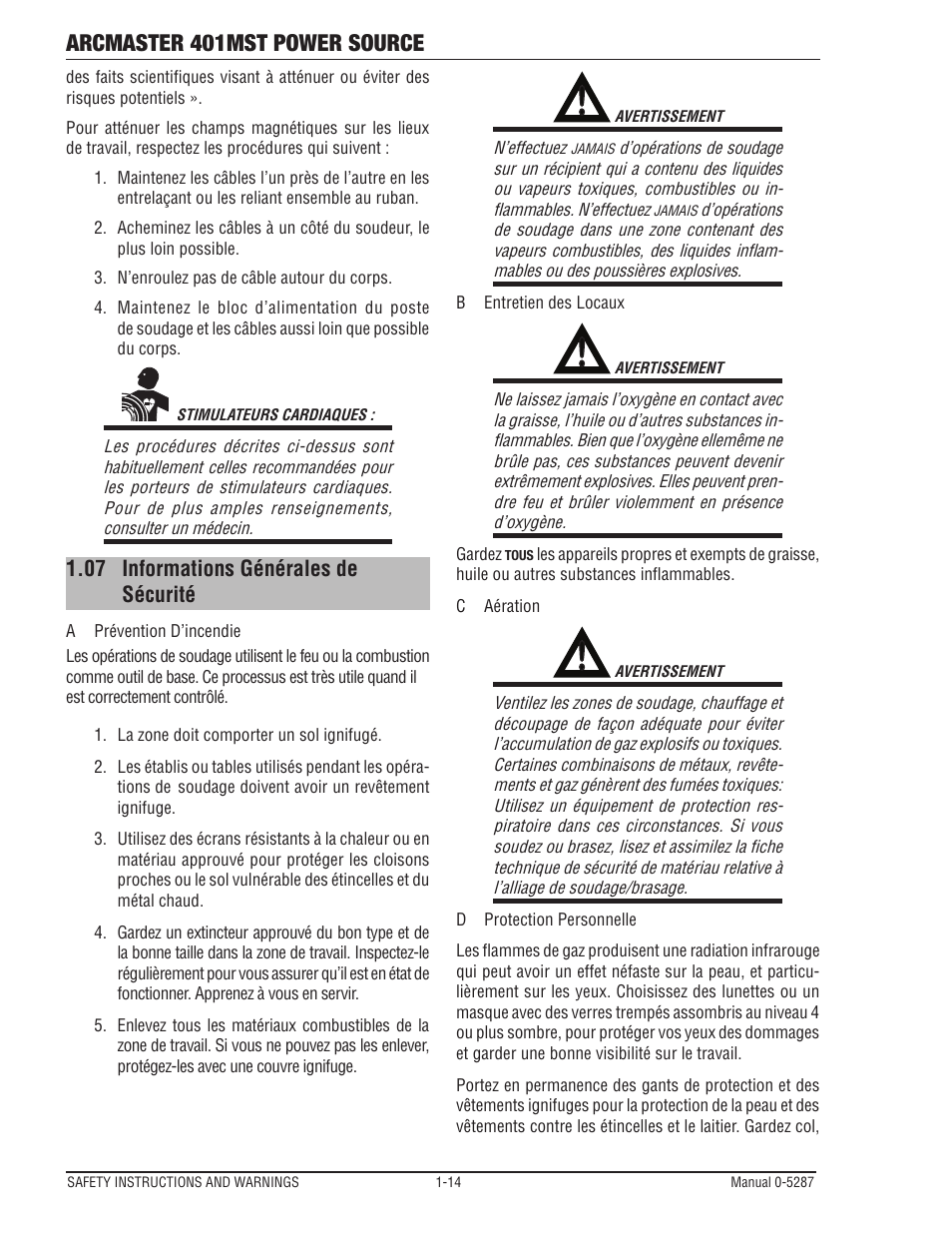07 informations générales de sécurité, Informations générales de sécurité -14, Arcmaster 401mst power source | Tweco ArcMaster 401MST User Manual | Page 20 / 84