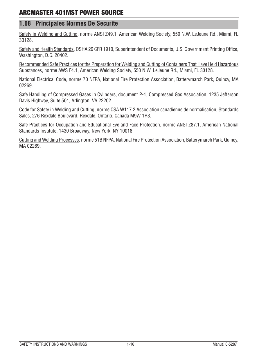 08 principales normes de securite, Principales normes de securite -16, Arcmaster 401mst power source | Tweco ArcMaster 401MST User Manual | Page 22 / 84