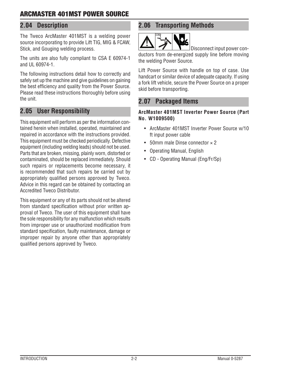 04 description, 05 user responsibility, 06 transporting methods | 07 packaged items, 05 description, 06 user responsibility, 07 transporting methods, 08 packaged items, 04 description -2 2.05, User responsibility -2 | Tweco ArcMaster 401MST User Manual | Page 26 / 84