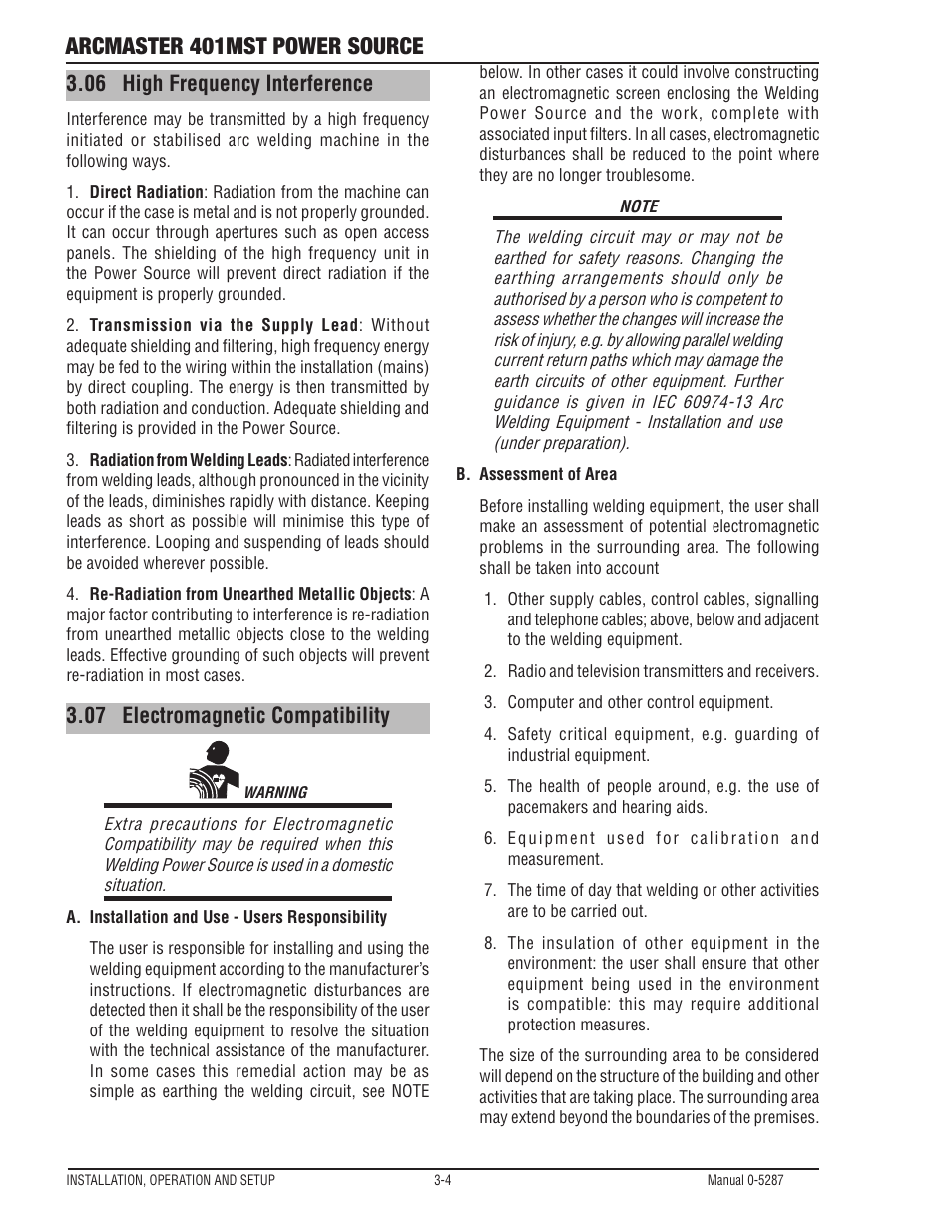 06 high frequency interference, 07 electromagnetic compatibility, High frequency interference -4 | Electromagnetic compatibility -4, Arcmaster 401mst power source | Tweco ArcMaster 401MST User Manual | Page 34 / 84