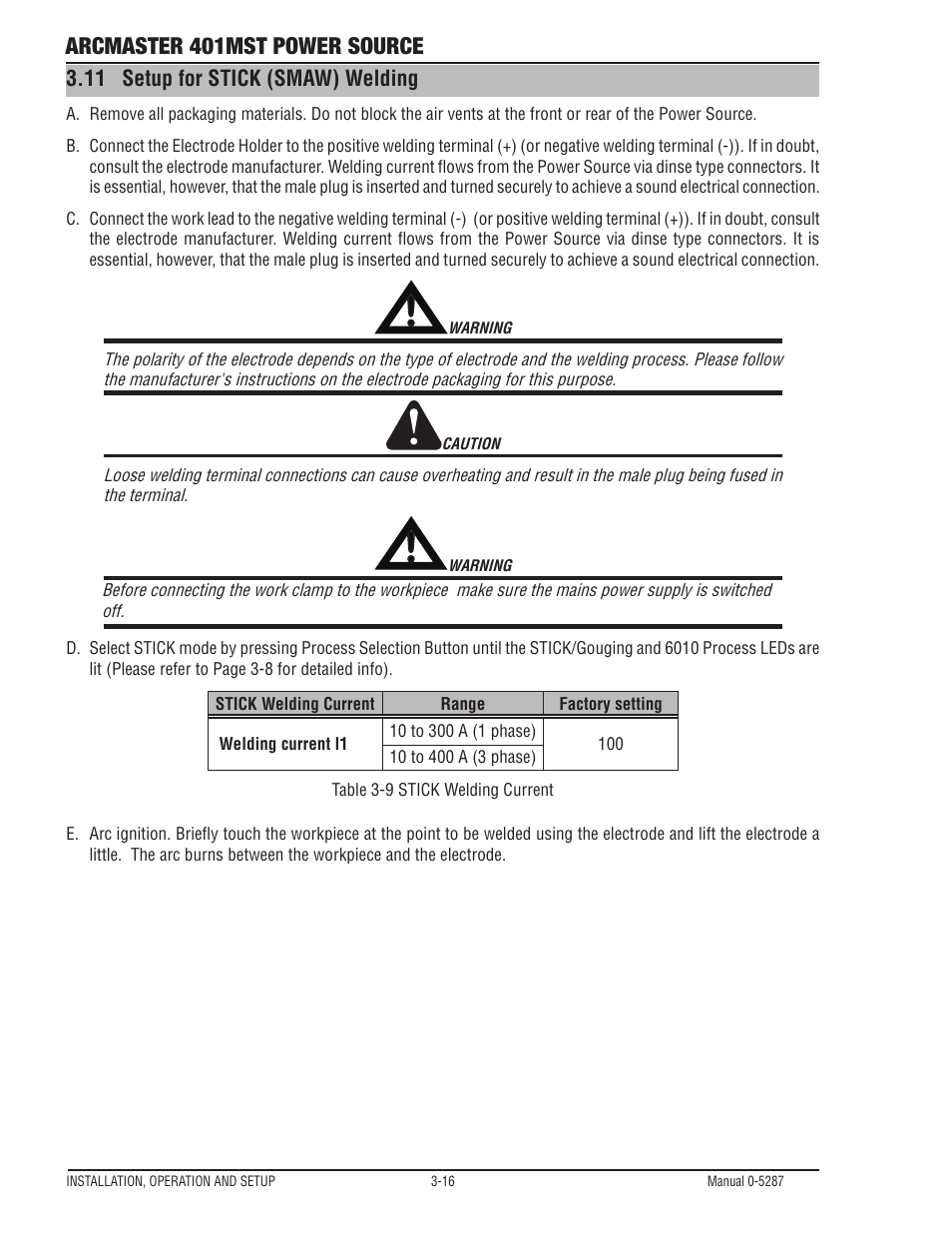 11 setup for stick (smaw) welding, Setup for stick (smaw) welding -16, Arcmaster 401mst power source | Tweco ArcMaster 401MST User Manual | Page 46 / 84
