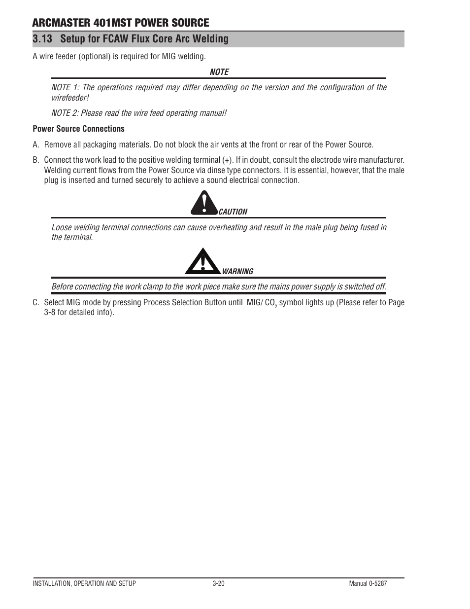 13 setup for fcaw flux core arc welding, Setup for fcaw flux core arc welding -20, Arcmaster 401mst power source | Tweco ArcMaster 401MST User Manual | Page 50 / 84