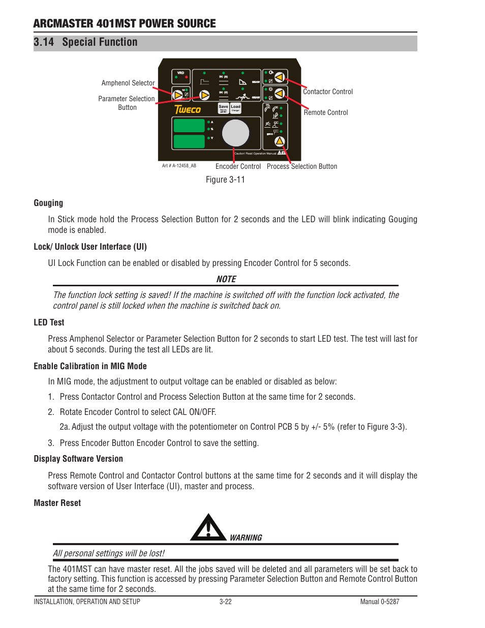 14 special function, Special function -22, Arcmaster 401mst power source | Tweco ArcMaster 401MST User Manual | Page 52 / 84