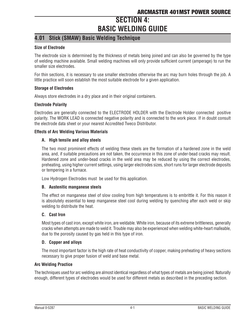 Section 4: basic welding guide, 01 stick (smaw) basic welding technique, 03 stick (mmaw) basic welding technique | Section 4: basic welding guide -1, Stick (smaw) basic welding technique -1, Arcmaster 401mst power source | Tweco ArcMaster 401MST User Manual | Page 57 / 84