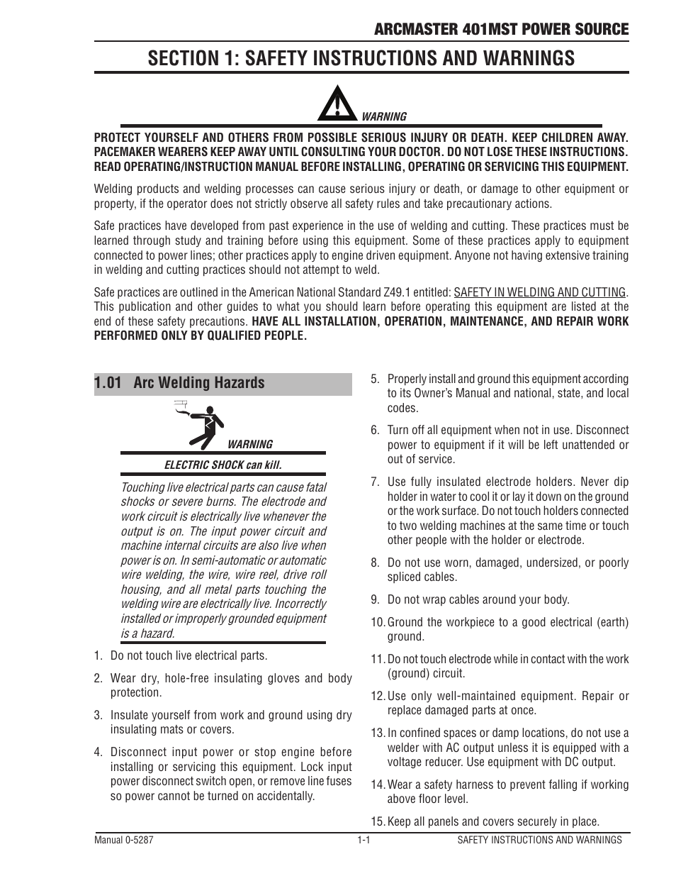 Section 1: safety instructions and warnings, 01 arc welding hazards, Section 1: safety instructions and warnings -1 | Arc welding hazards -1, Arcmaster 401mst power source | Tweco ArcMaster 401MST User Manual | Page 7 / 84