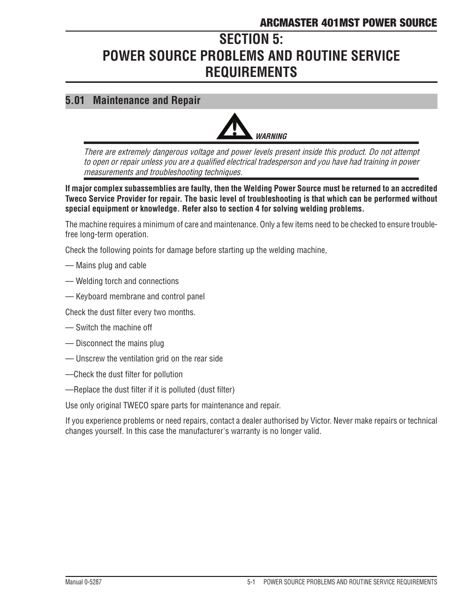 01 maintenance and repair, 01 power source problems, Maintenance and repair -1 | Tweco ArcMaster 401MST User Manual | Page 73 / 84