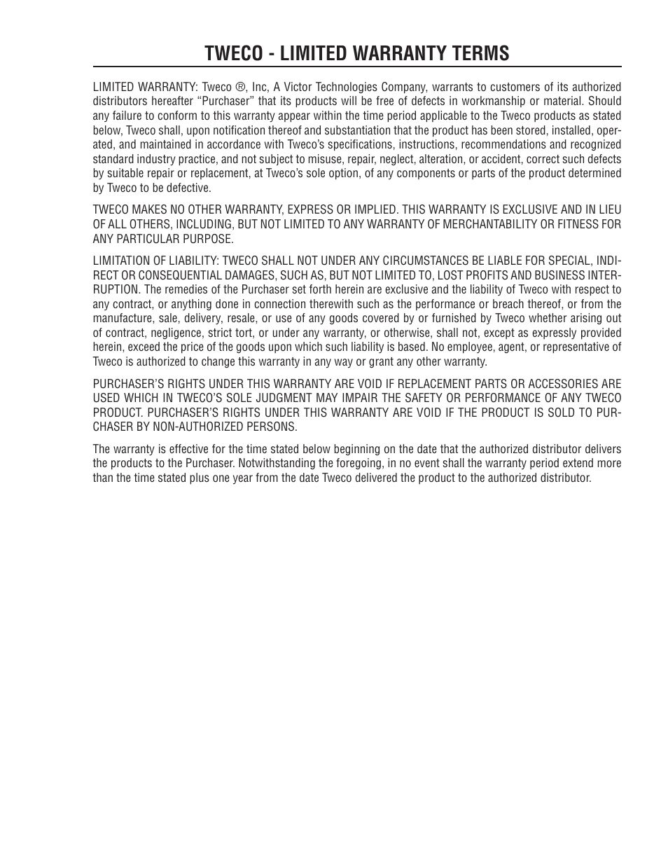 Tweco - limited warranty terms | Tweco ArcMaster 401MST User Manual | Page 81 / 84