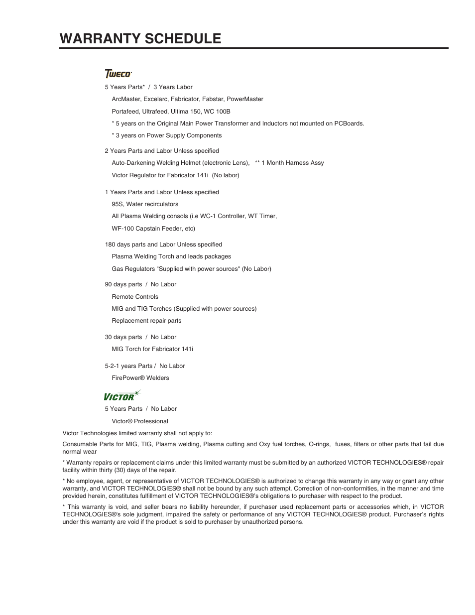 Warranty schedule | Tweco ArcMaster 401MST User Manual | Page 83 / 84