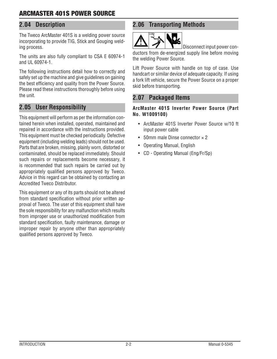 Arcmaster 401s power source | Tweco ArcMaster 401S User Manual | Page 16 / 64