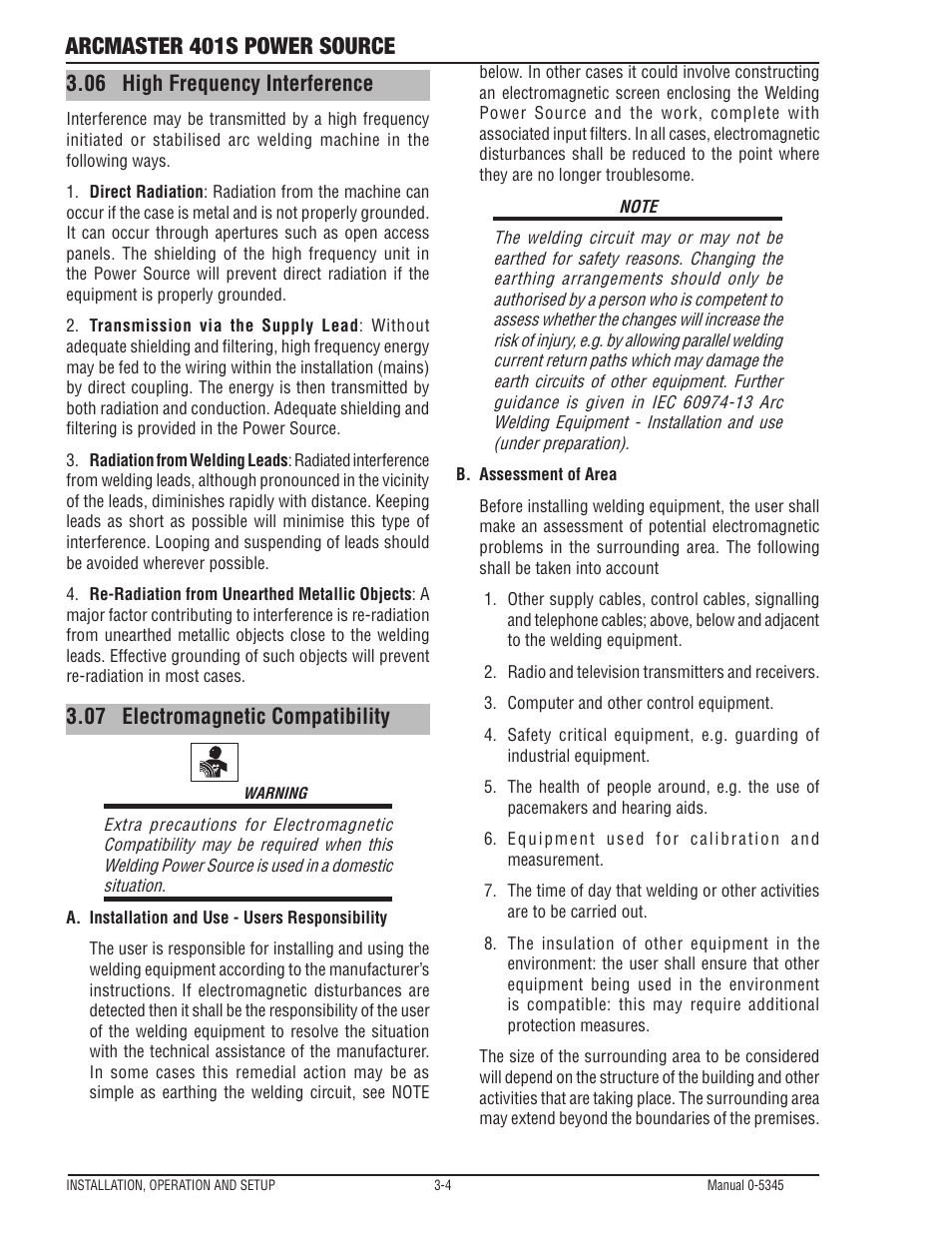 Arcmaster 401s power source, 06 high frequency interference, 07 electromagnetic compatibility | Tweco ArcMaster 401S User Manual | Page 24 / 64