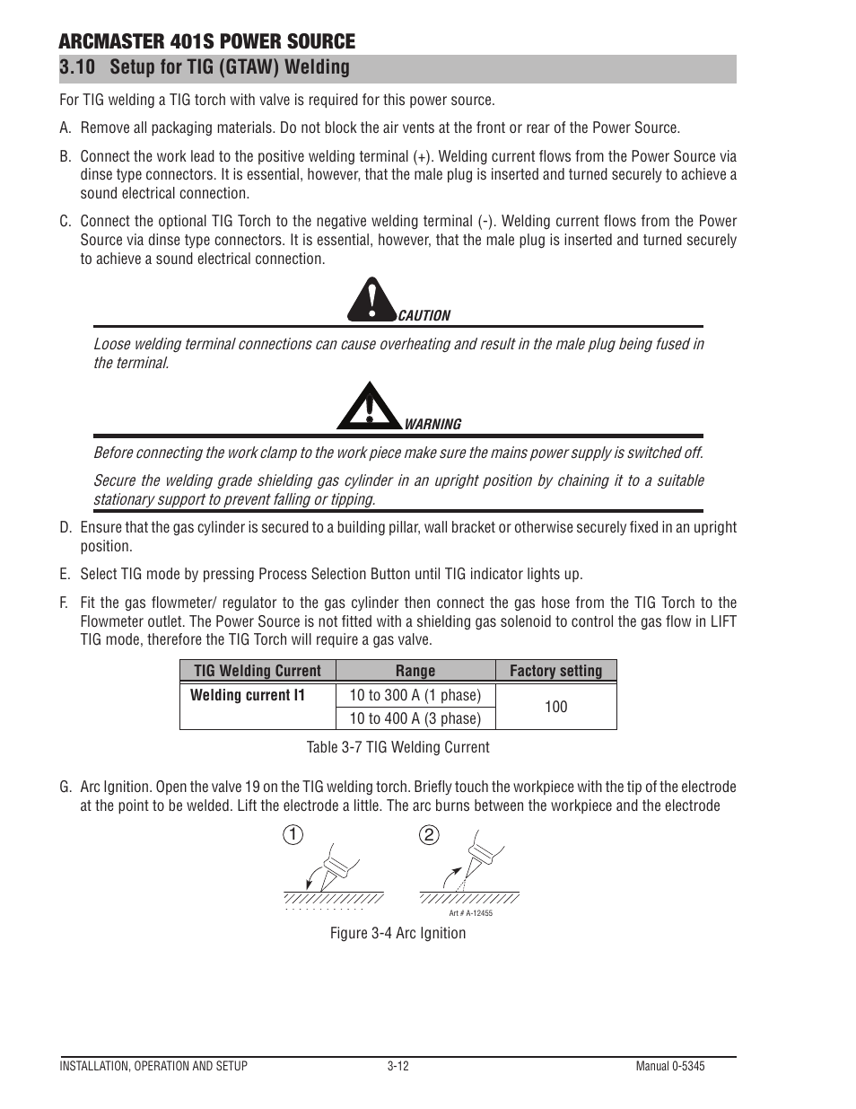 Arcmaster 401s power source, 10 setup for tig (gtaw) welding | Tweco ArcMaster 401S User Manual | Page 32 / 64