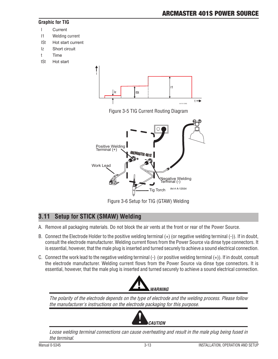 Arcmaster 401s power source, 11 setup for stick (smaw) welding | Tweco ArcMaster 401S User Manual | Page 33 / 64