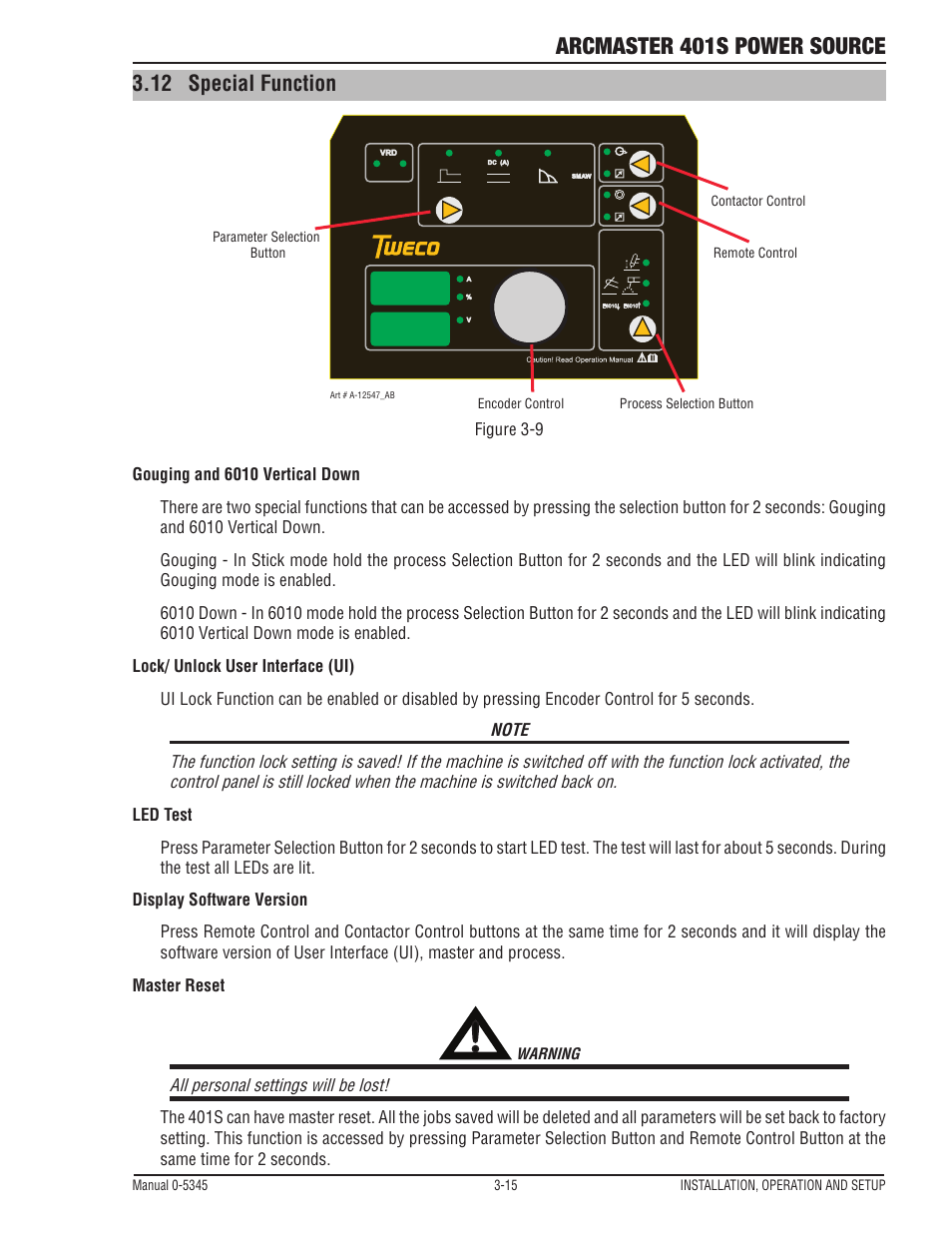 Arcmaster 401s power source, 12 special function | Tweco ArcMaster 401S User Manual | Page 35 / 64