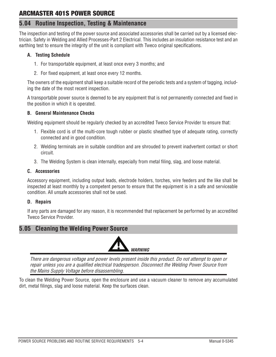 Arcmaster 401s power source | Tweco ArcMaster 401S User Manual | Page 58 / 64