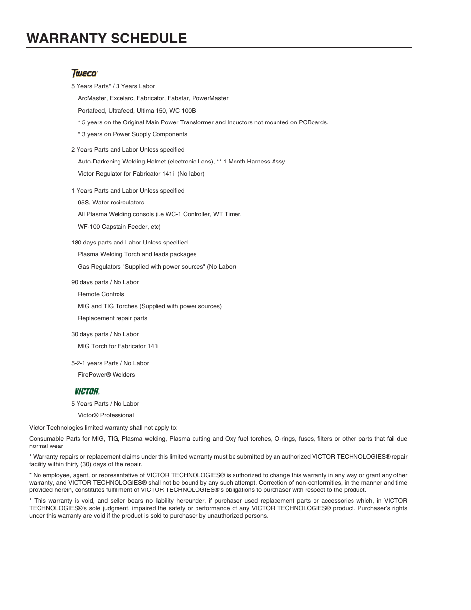 Warranty schedule | Tweco ArcMaster 401S User Manual | Page 63 / 64