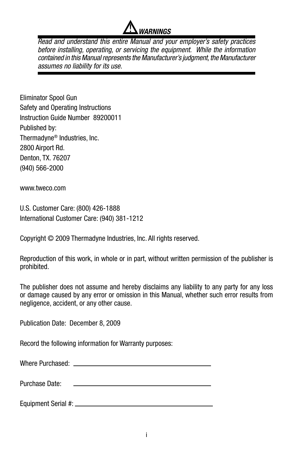 Tweco Eliminator Spool Gun User Manual | Page 3 / 36