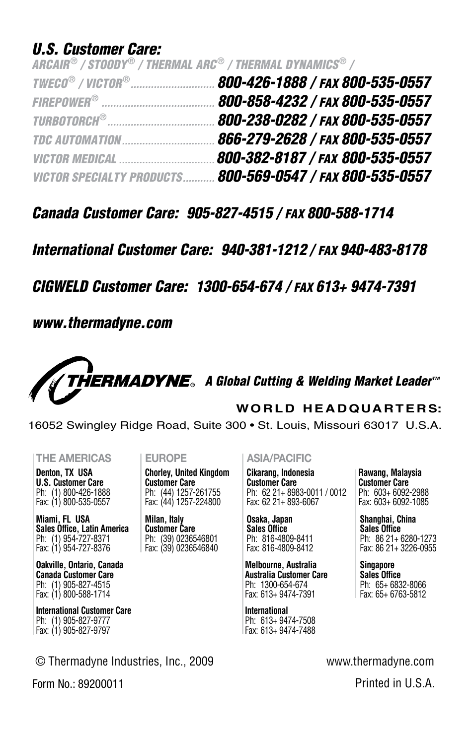 U.s. customer care, A global cutting & welding market leader | Tweco Eliminator Spool Gun User Manual | Page 36 / 36