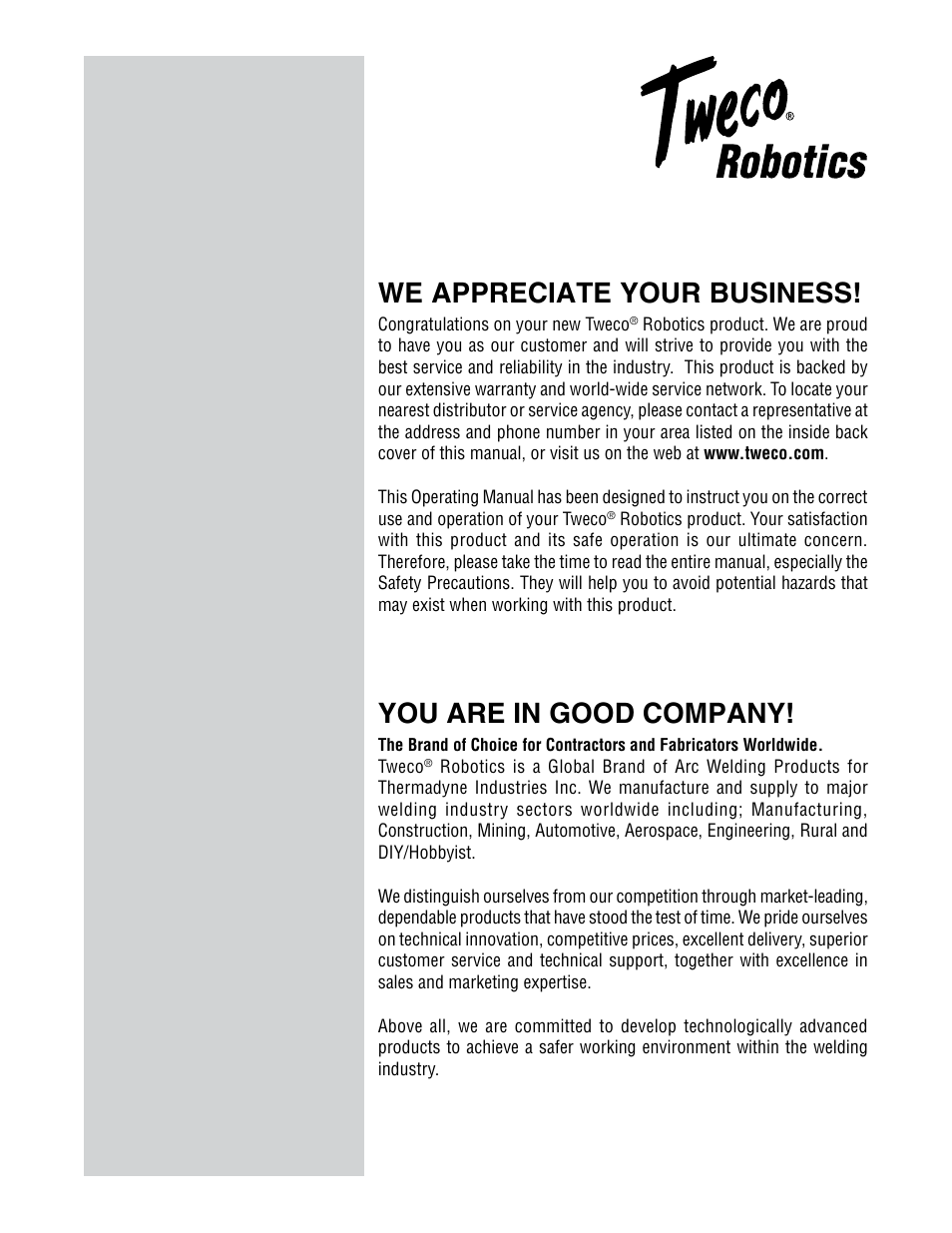 You are in good company, We appreciate your business | Tweco QCT-1 User Manual | Page 2 / 18