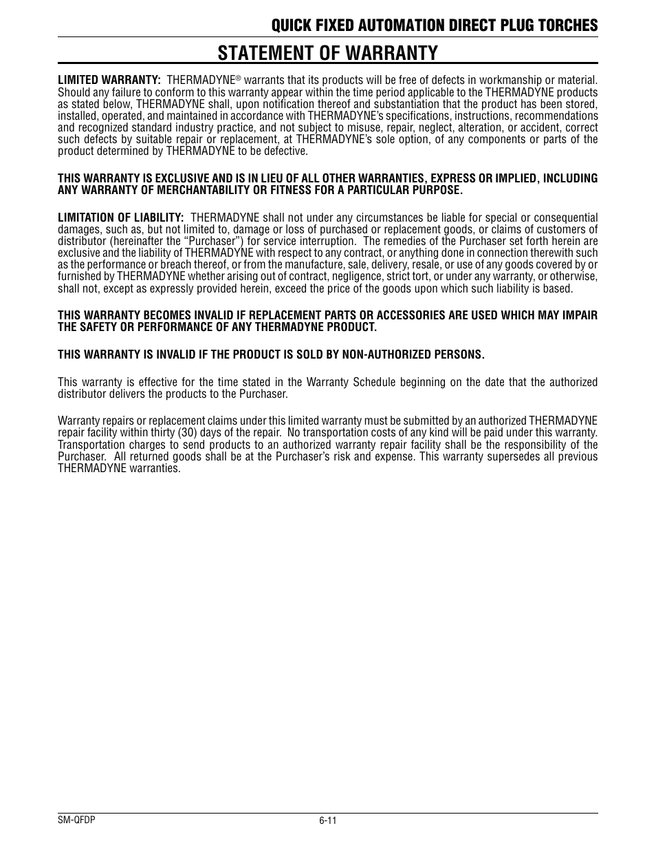 Statement of warranty, Quick fixed automation direct plug torches | Tweco QFW600 User Manual | Page 15 / 18