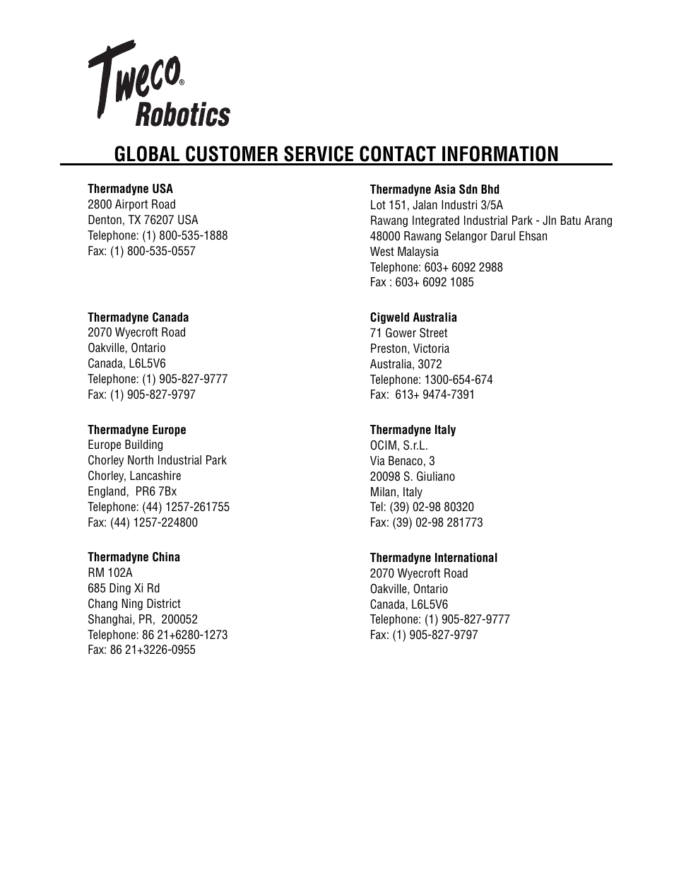 Global customer service contact information | Tweco QFW600 User Manual | Page 17 / 18