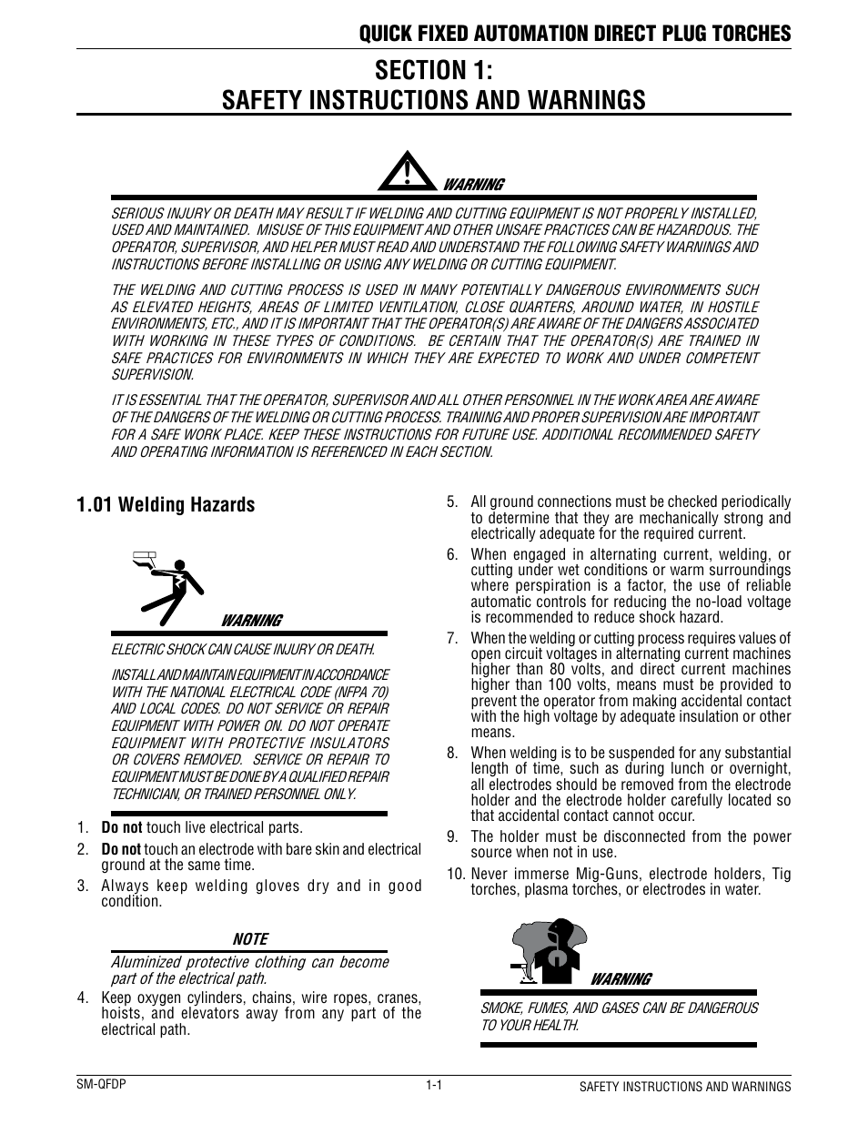 Quick fixed automation direct plug torches, 01 welding hazards | Tweco QFW600 User Manual | Page 5 / 18